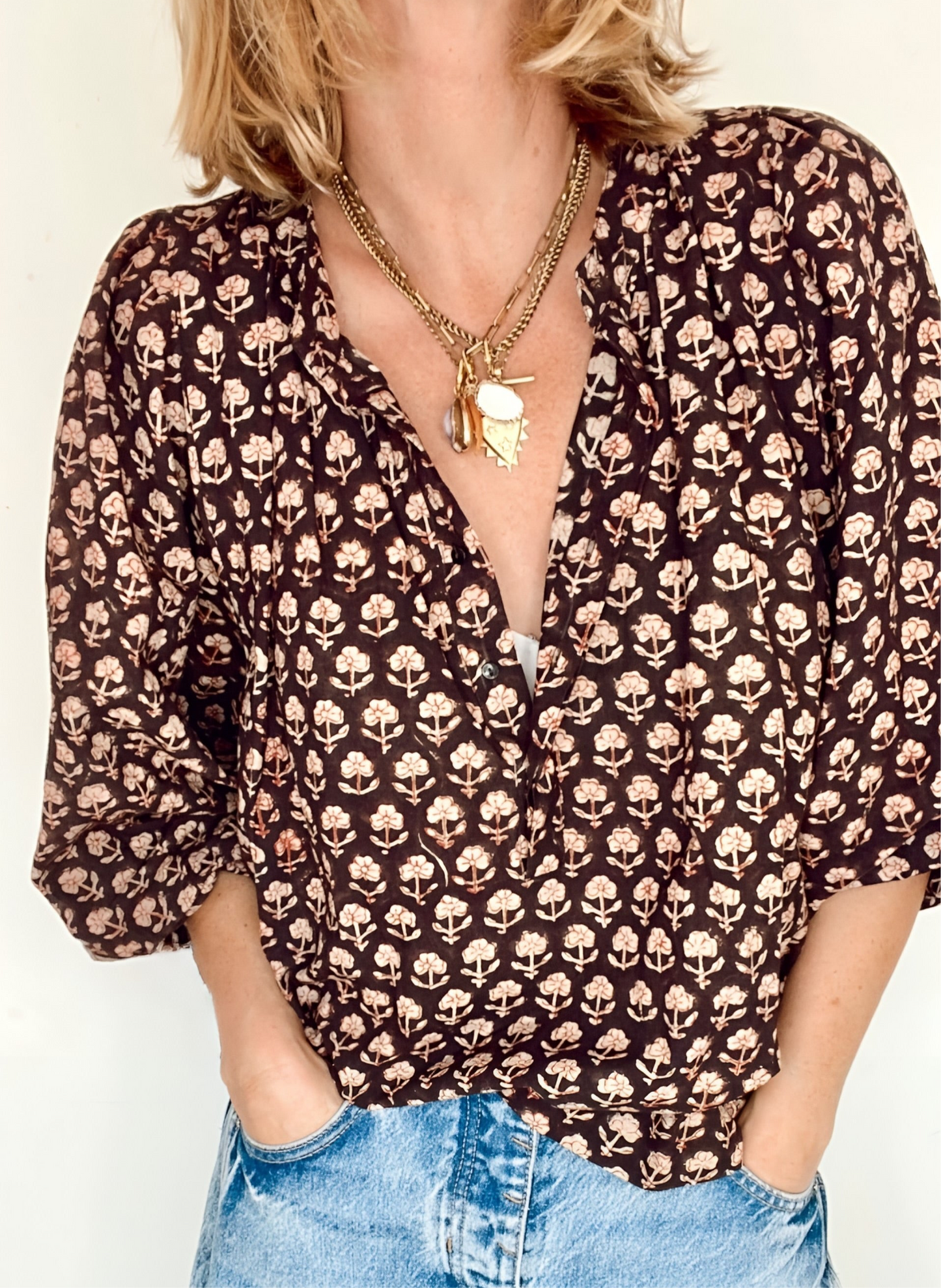 Belly Half Placket Cotton Pop-Over Top - Deep Bitter Chocolate