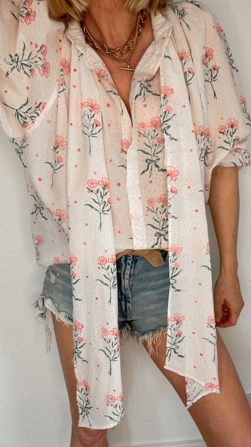 Posie Floral Detachable Tie Neck Organic Cotton Shirt- Snow White