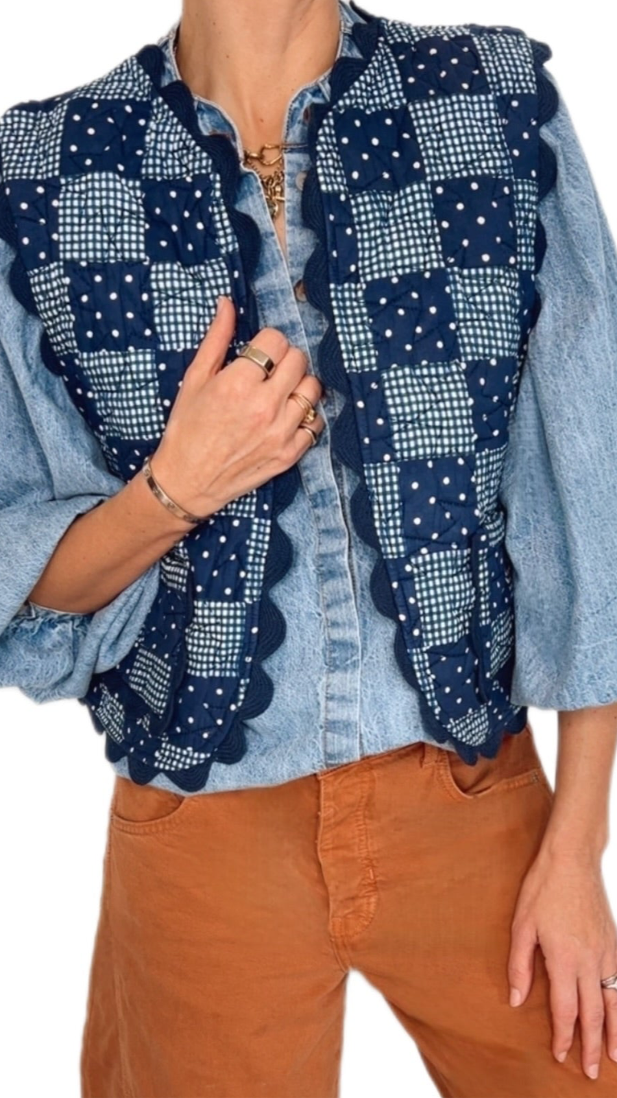 Clover Patchwork Ric Rac Cotton Quilted Gilet - Deep Indigo & Deep Teal