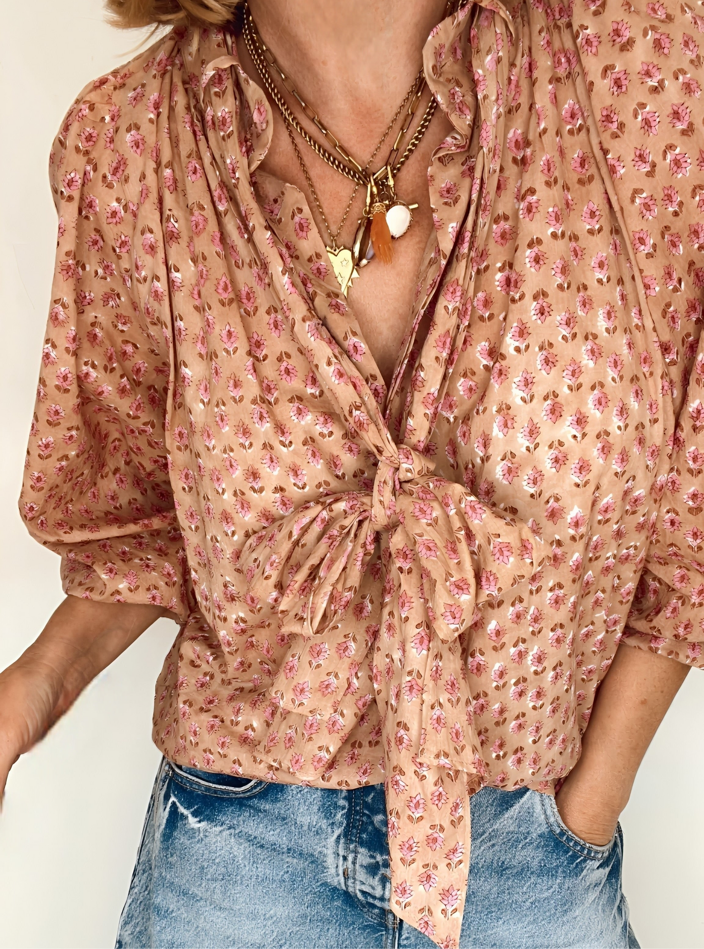 Farrow Detachable Tie Neck Cotton Shirt - Plaster Pink