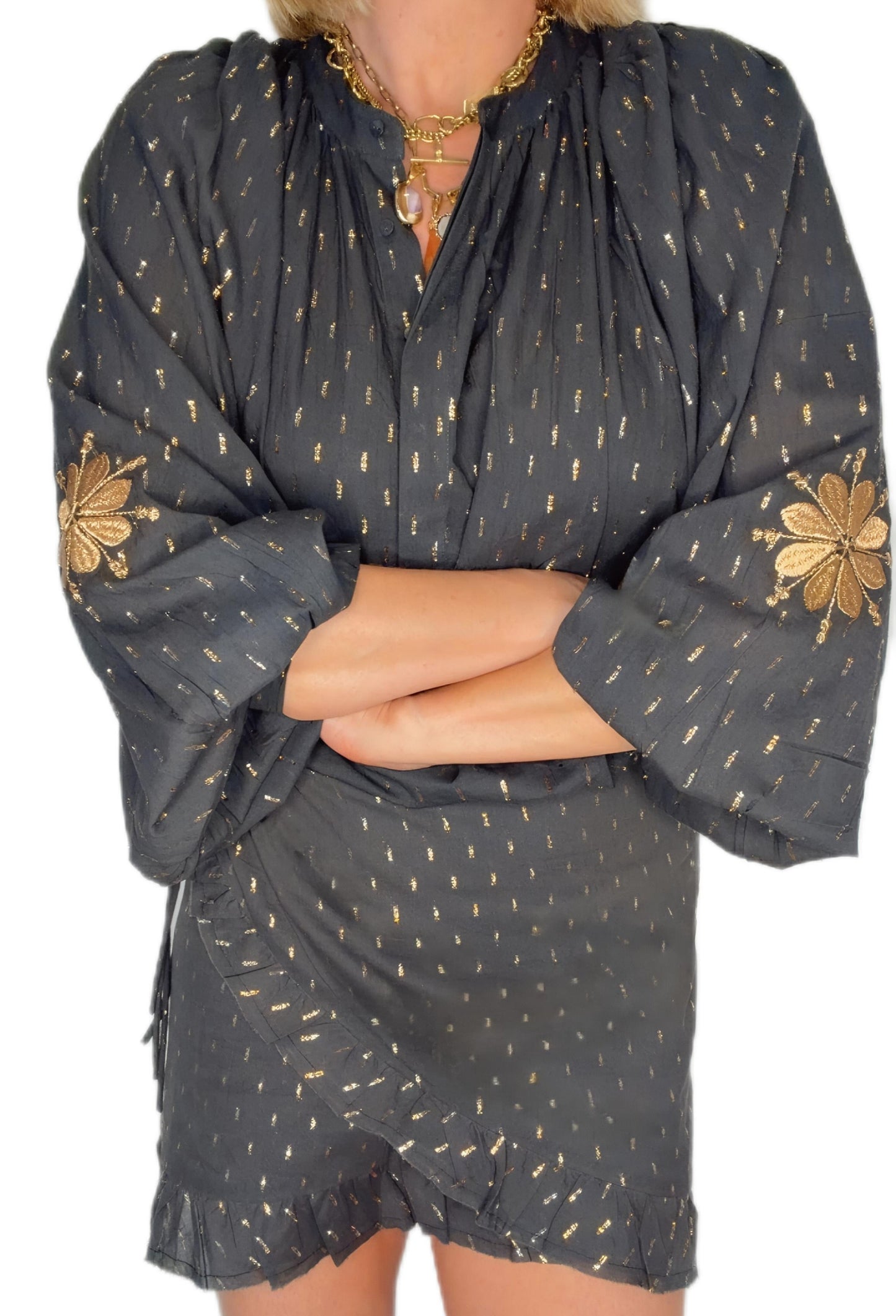 Goldie Frilly Edge Cotton Wrap Mini Skirt - Deep Indigo & Gold