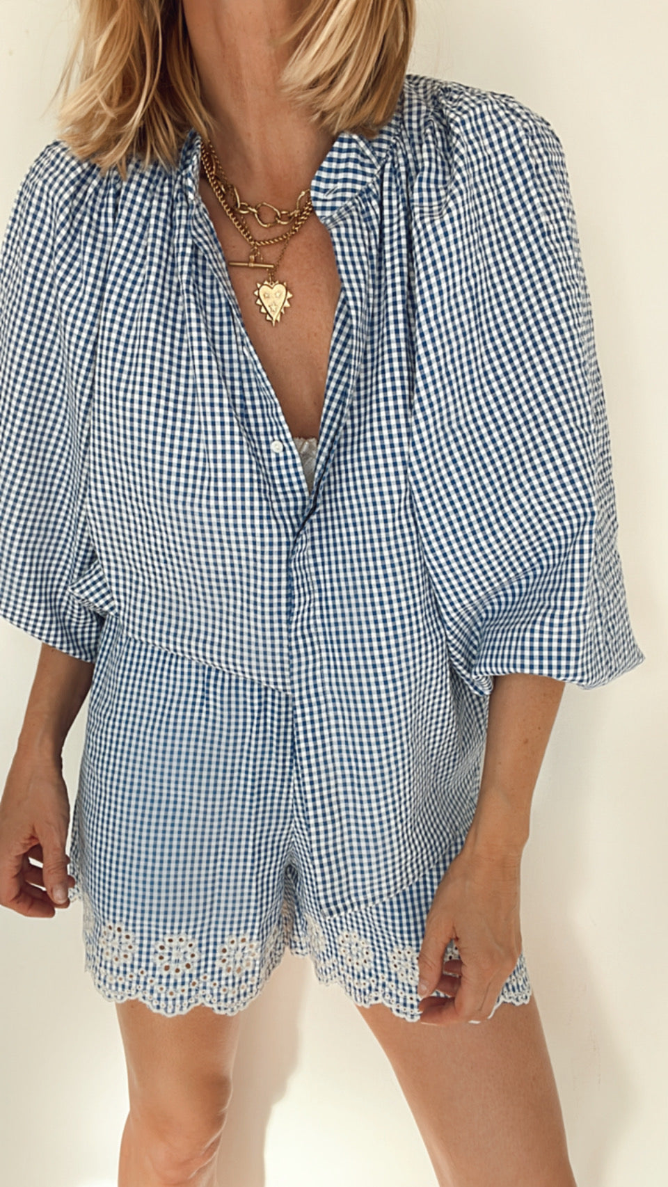 Peggy Micro Gingham Detachable Tie Neck Cotton Shirt - Blue & White