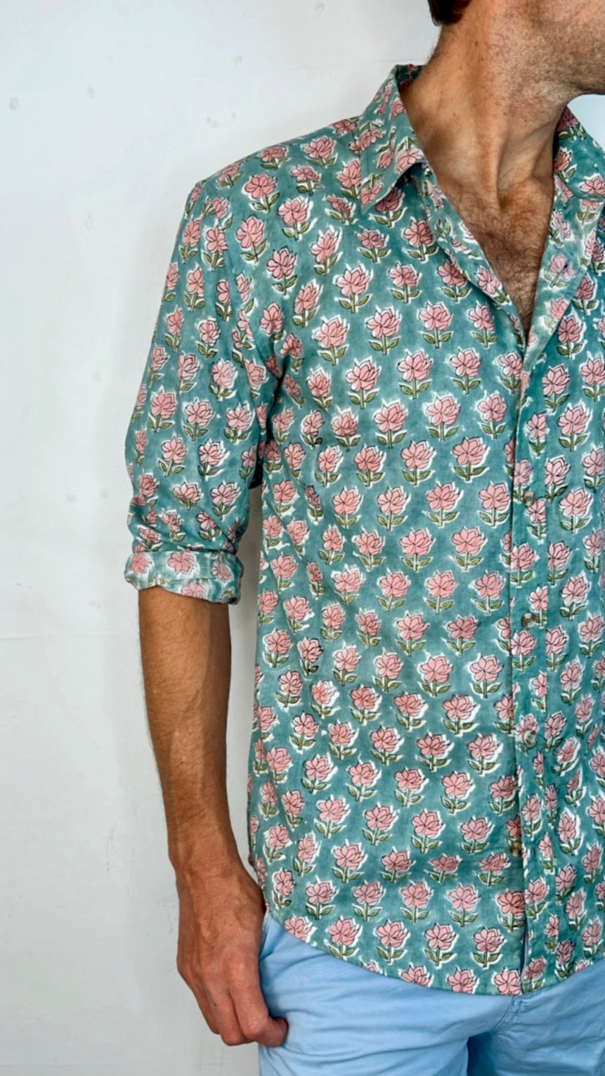 Ral Handprinted Floral Cotton Shirt - Denim Blue & Peony Pink