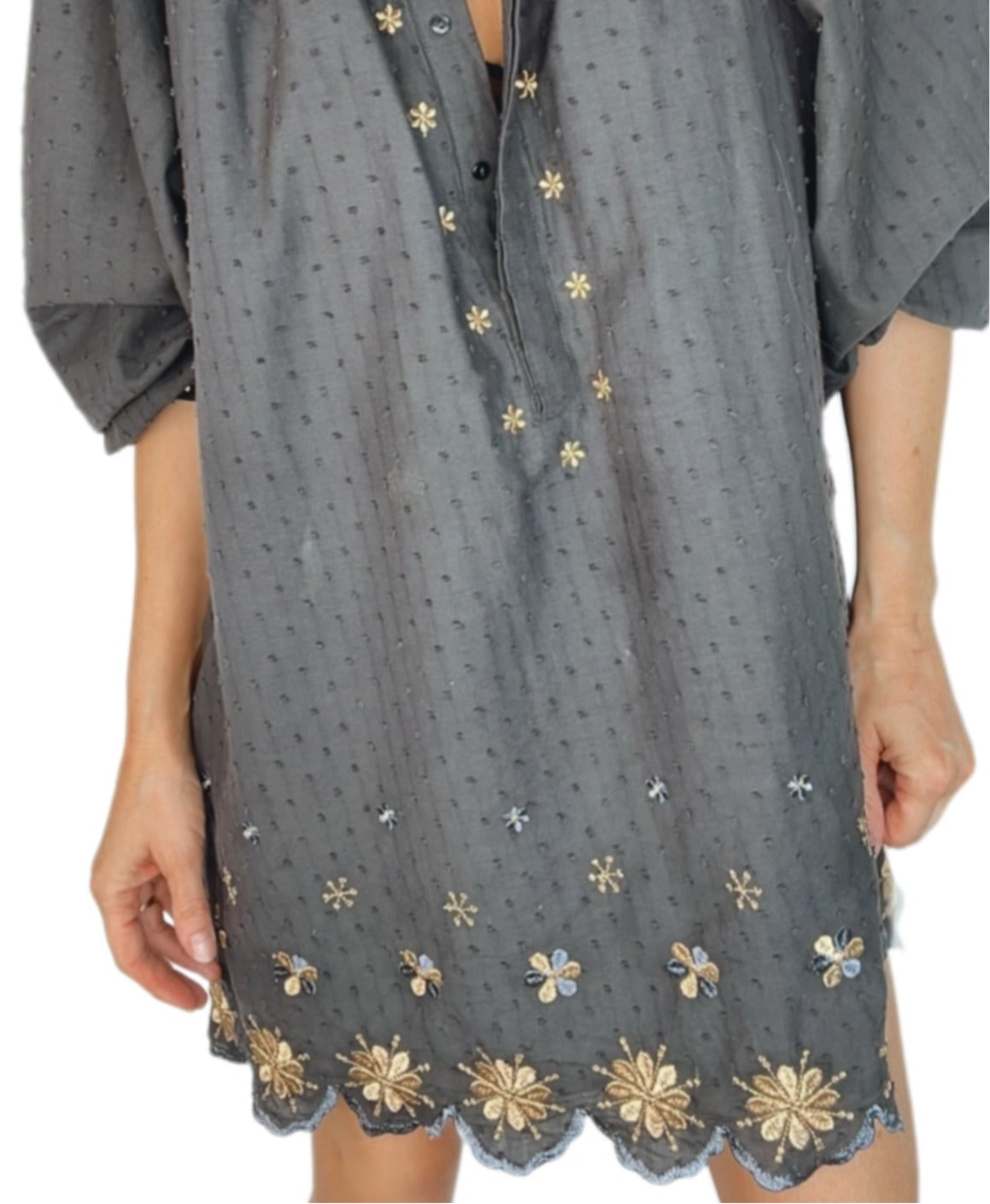 Shivani Metallic Embroidered Cotton Mini Dress - Washed Black