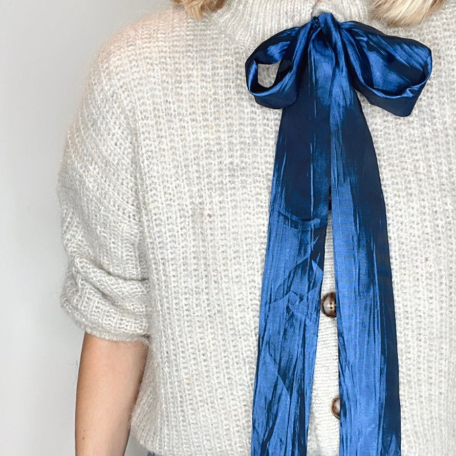 Interchangable Silky Bow Tie Neck Chunky Knit Cardigan - Porridge