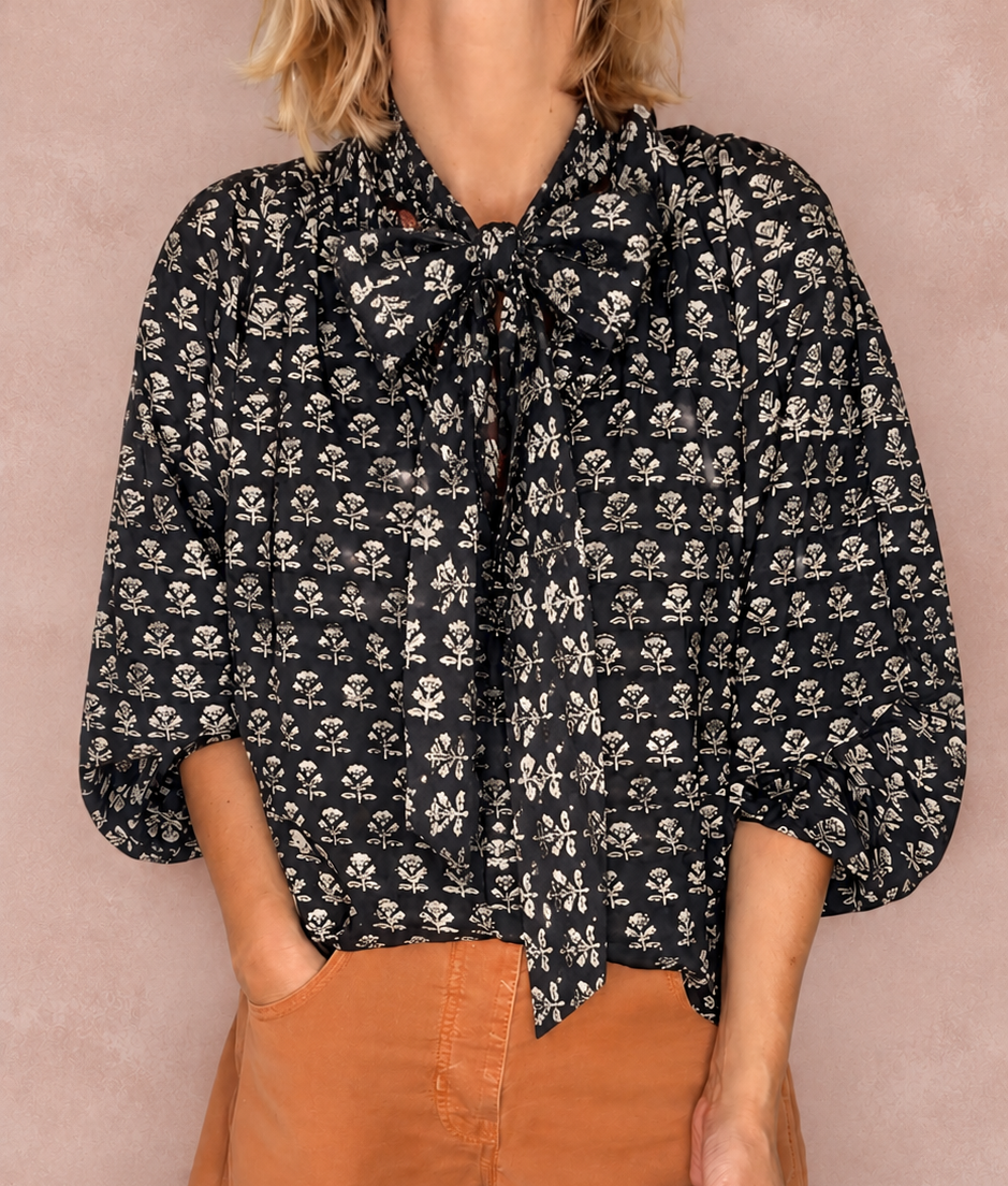 Jet Detachable Tie Neck Cotton Shirt - Liquorice