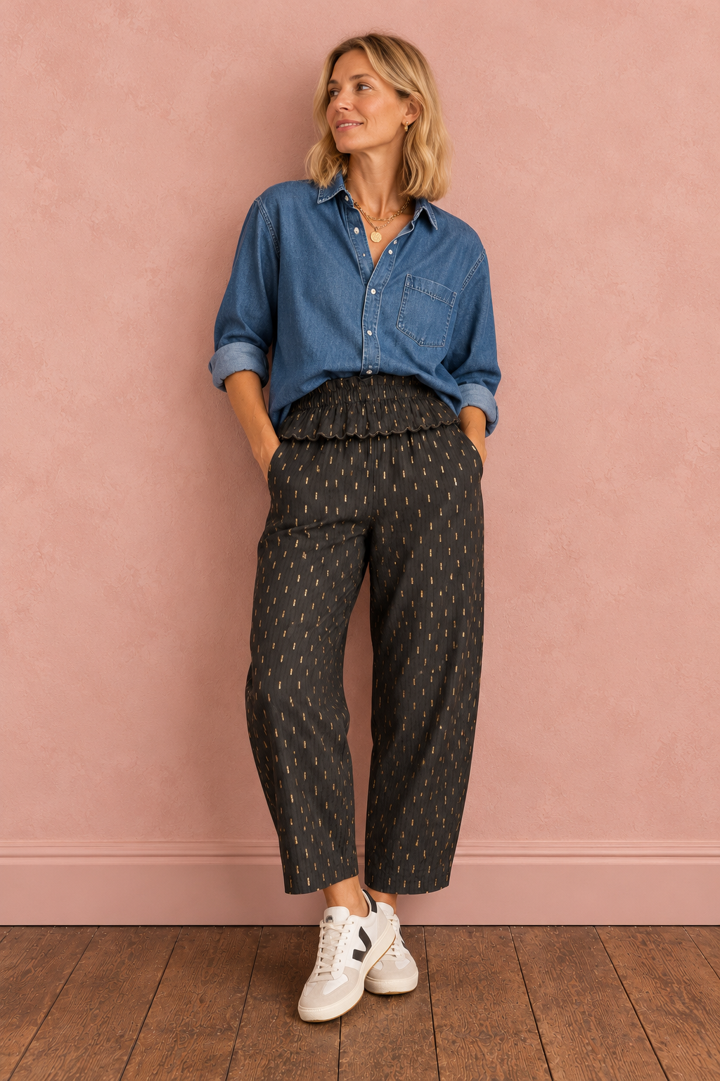 Goldie Elasticated Peplum Waist Barrel Leg Trouser - Dark Charcoal & Gold