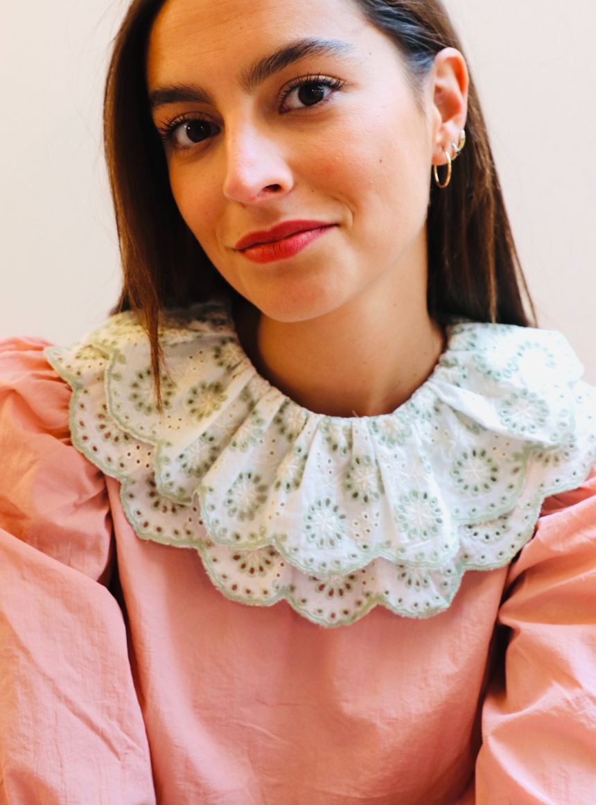 Louise Contrast Broderie Button Collar - Cream & Sage Green