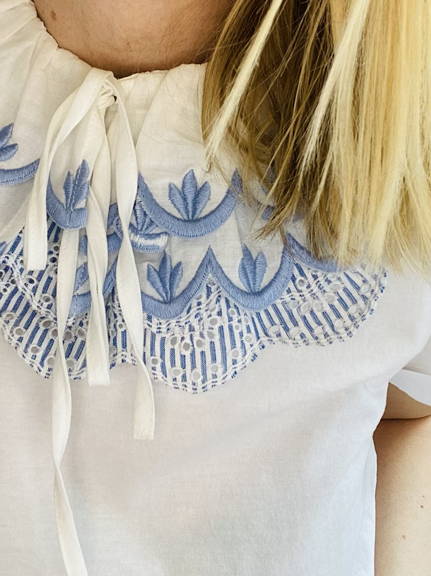 Poppy Embroidered Tie Collar - White & Sky Blue