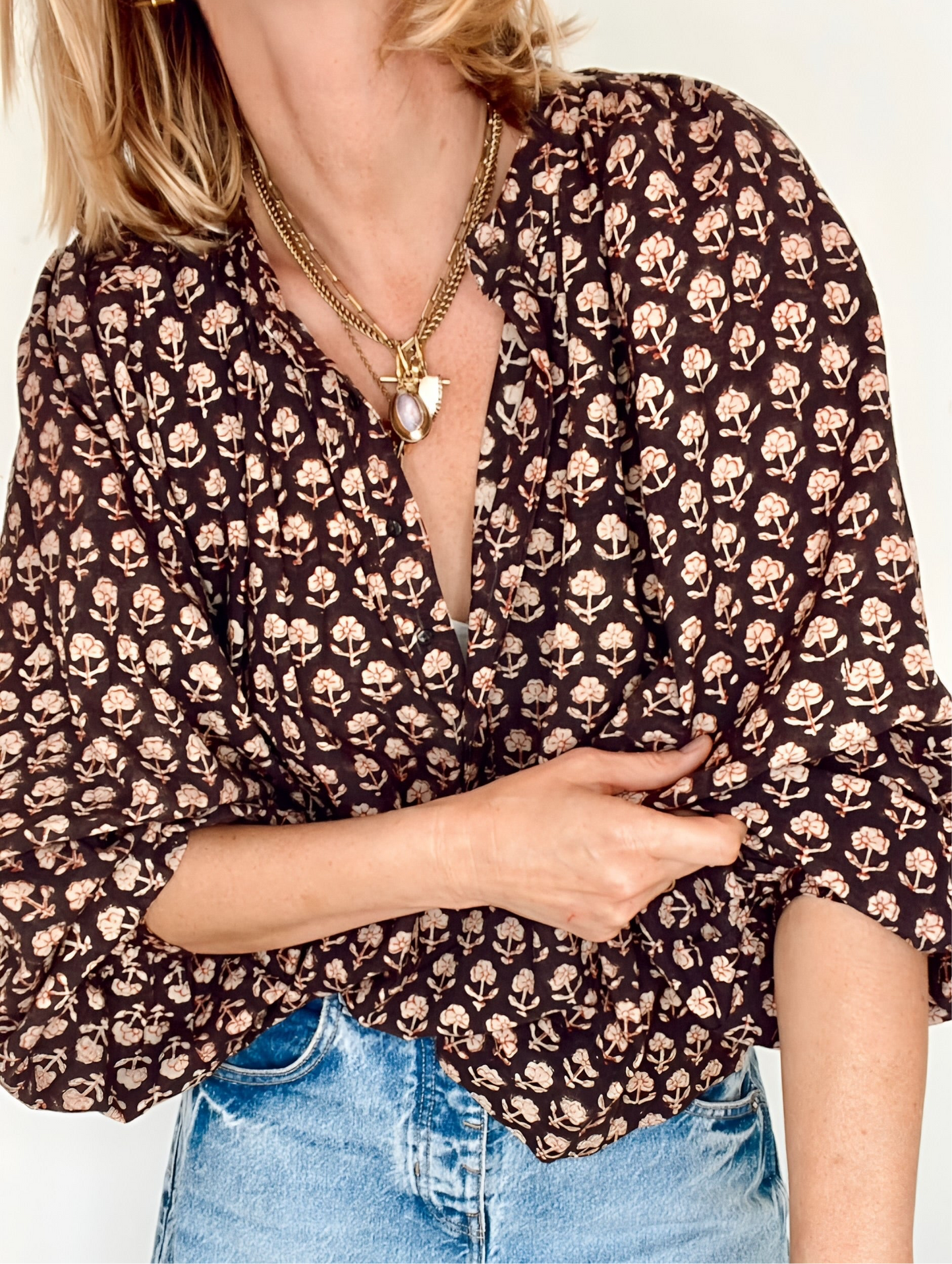 Belly Half Placket Cotton Pop-Over Top - Deep Bitter Chocolate