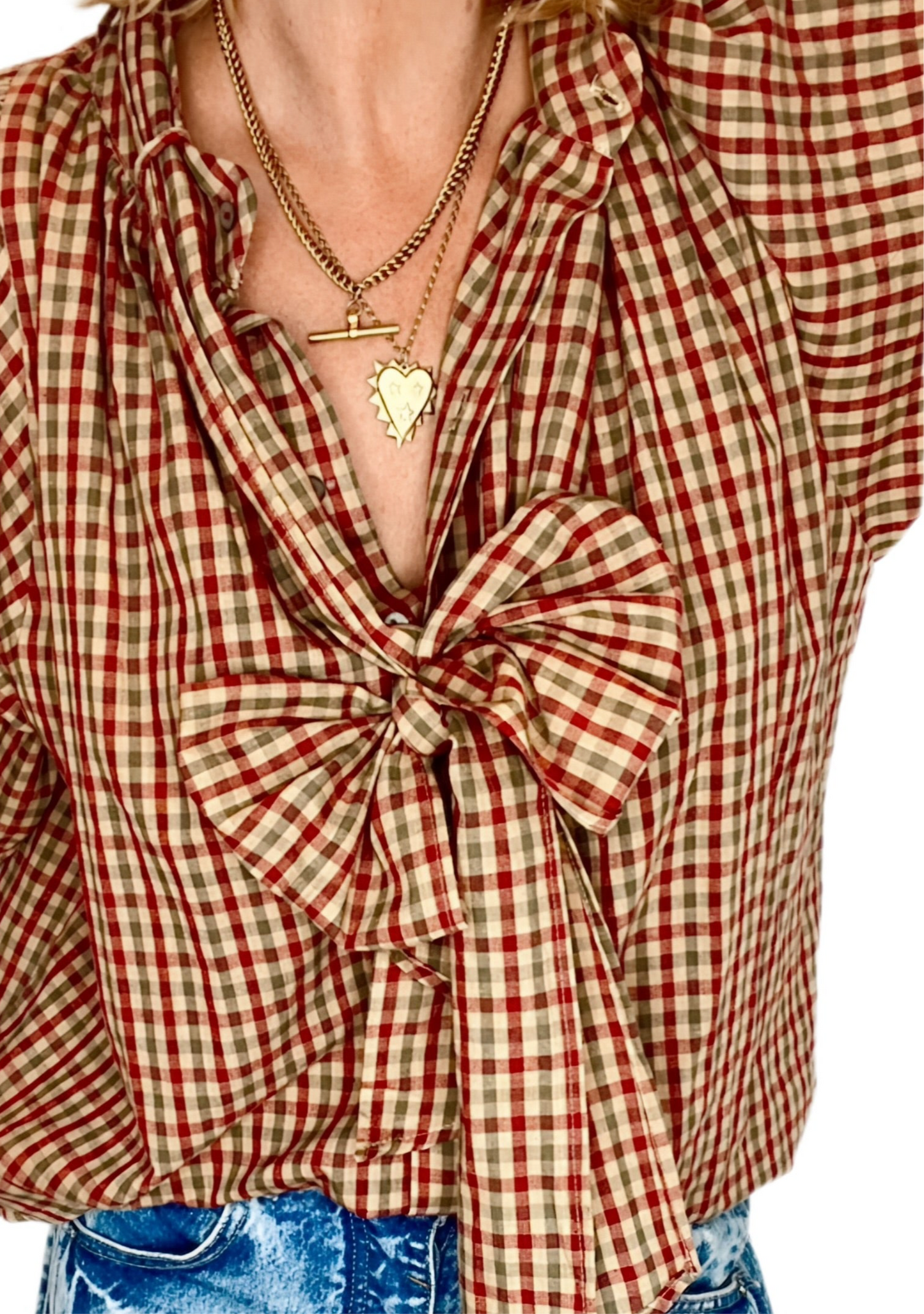 Autumn Gingham Detachable Tie Neck Cotton Shirt - Merlot Multi