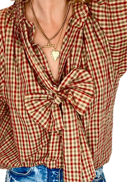 Autumn Gingham Detachable Tie Neck Cotton Shirt - Merlot Multi