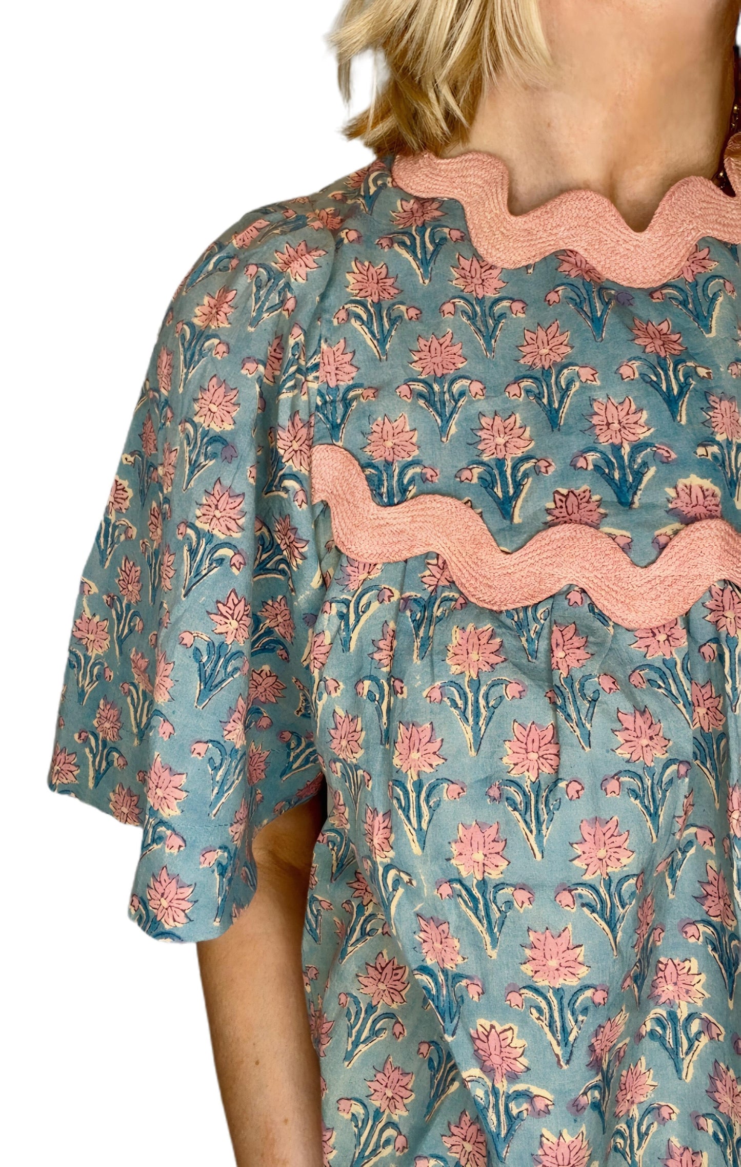 Tatty Ric Rac Cotton Top - Washed Teal Print