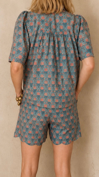 Tatty Elasticated Waist Cotton Scallop Short - Washed Teal