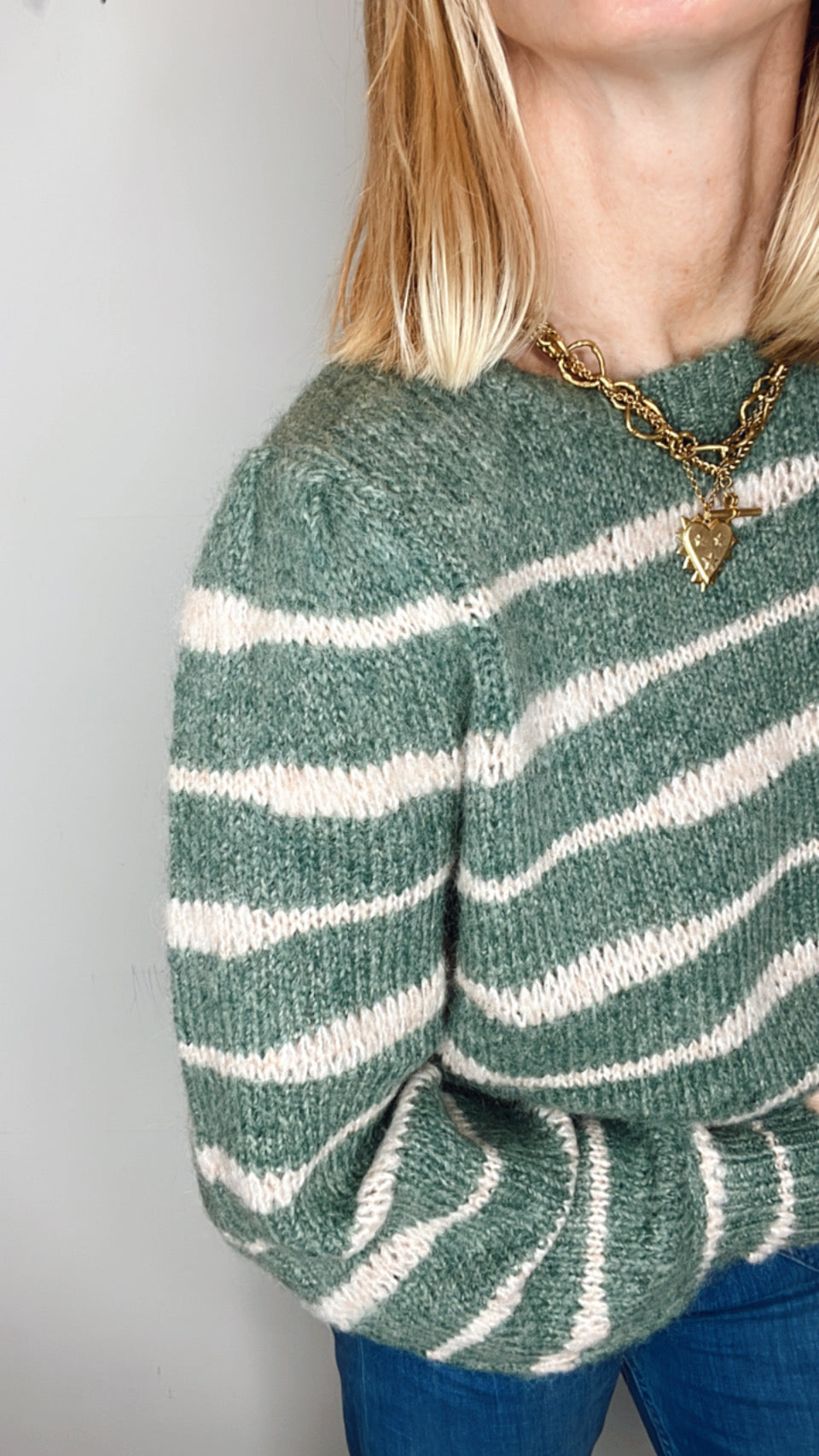 Irregular Stripe Chunky Knit Jumper - Forest Green & Blossom