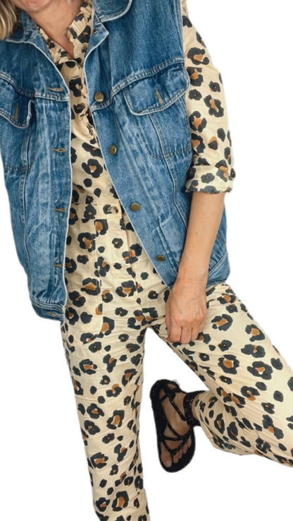 Large Scale Animal Organic Cotton Block Printed Scalloped Jumpsuit - Sand