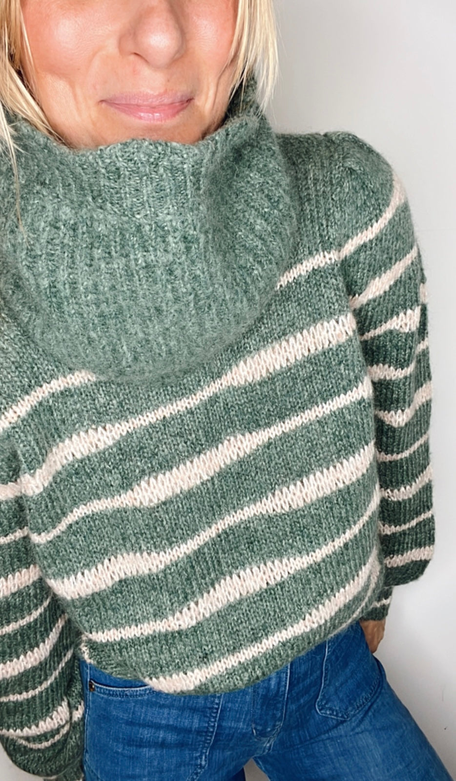 Irregular Stripe Chunky Knit Jumper - Forest Green & Blossom