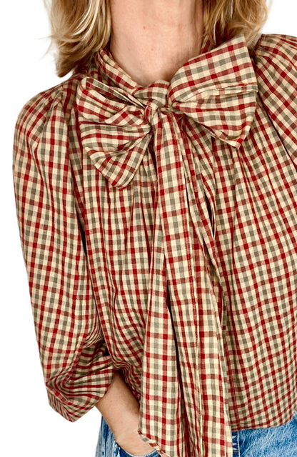 Autumn Gingham Detachable Tie Neck Cotton Shirt - Merlot Multi