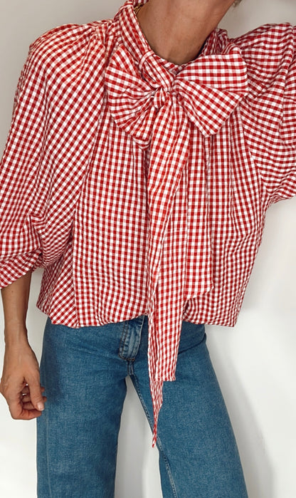 Cherry Gingham Tie Neck Cotton Shirt - Cherry Red & White