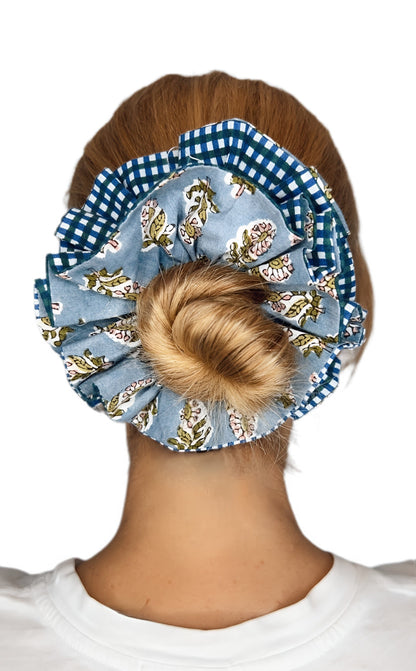 Cuckoo Double Layer, Reversible Cotton Scrunchie - Blue Green