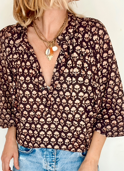 Belly Half Placket Cotton Pop-Over Top - Deep Bitter Chocolate