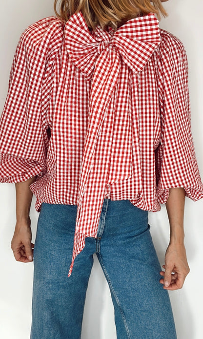 Cherry Gingham Tie Neck Cotton Shirt - Cherry Red & White