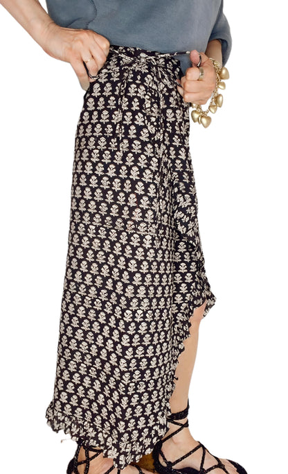 Jet Frilly Edge Cotton Wrap MIDI Skirt - Jet Black
