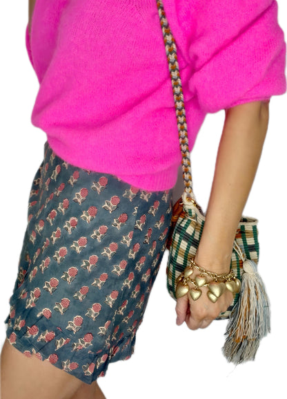 Tabby Frilly Edge Cotton Wrap Mini Skirt - Deep Teal Print