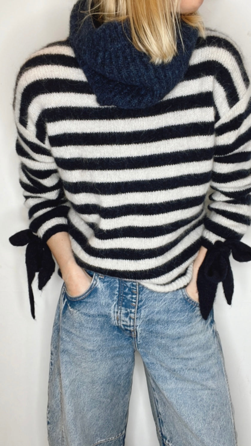 Interchangeable Bow Cuff Stripe Jumper - Dark Navy and Cream