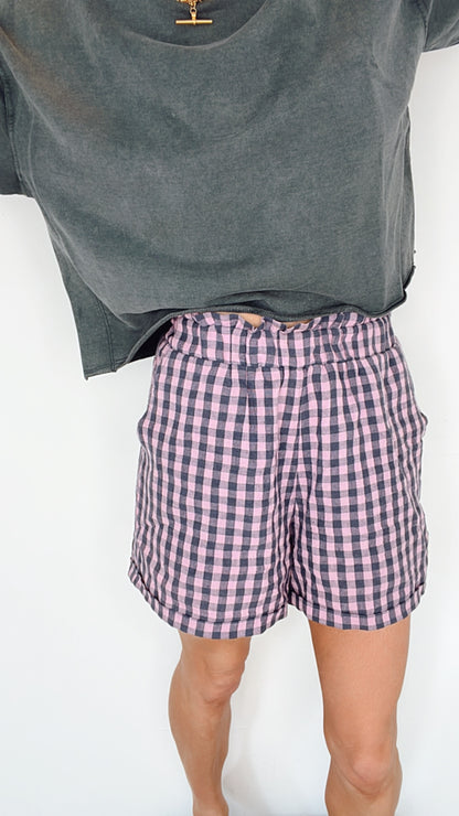 Jamie Gingham Linen Short - Charcoal & Dusty Pink