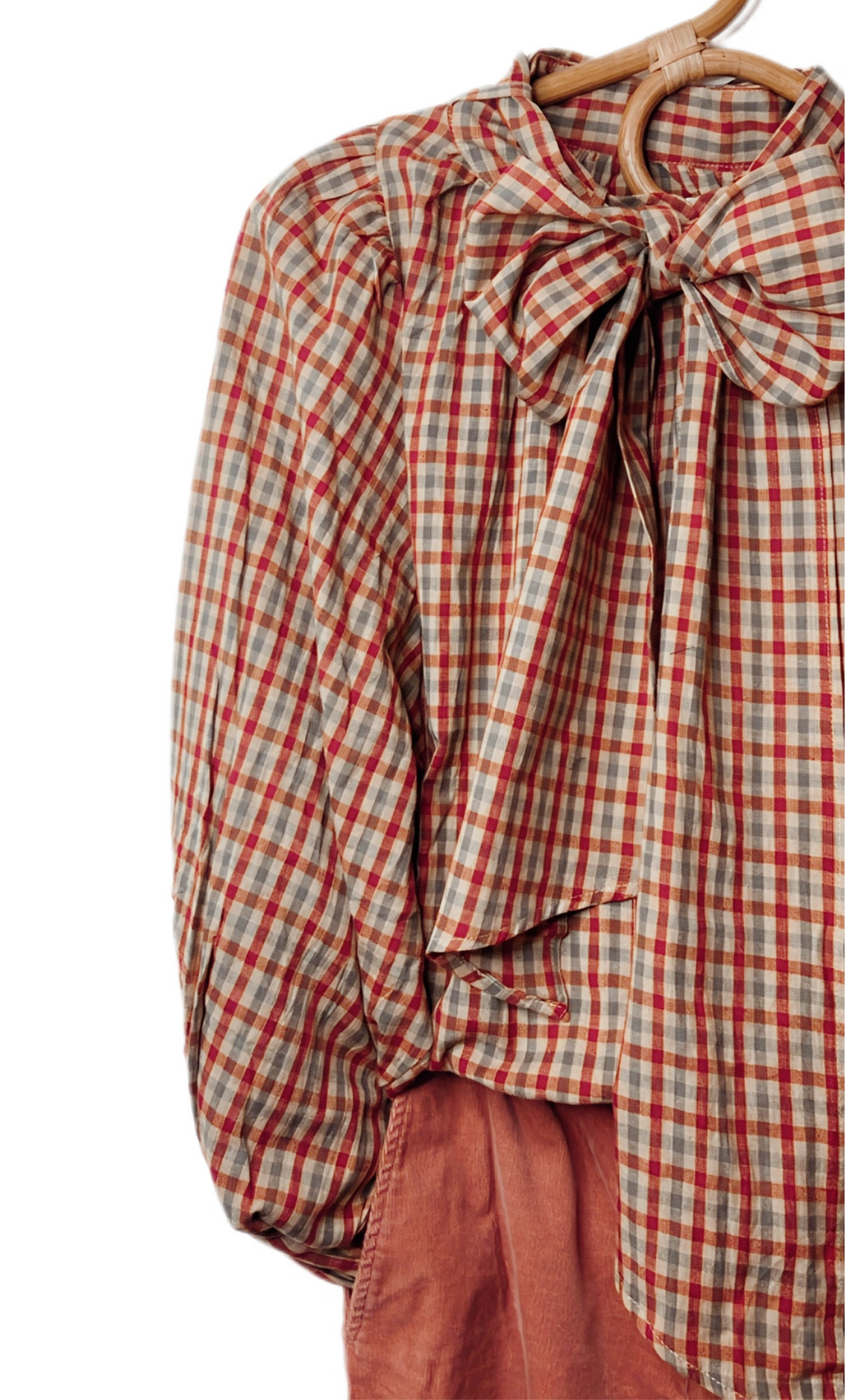 Autumn Gingham Detachable Tie Neck Cotton Shirt - Merlot Multi