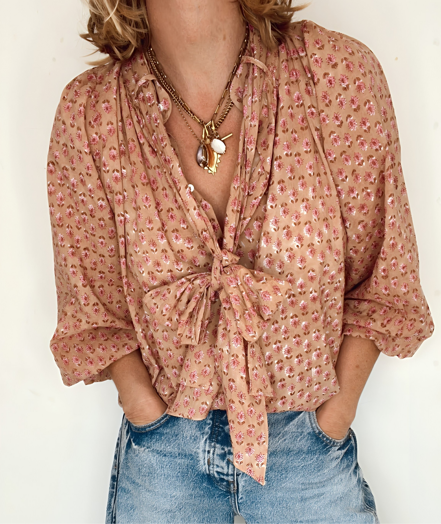 Farrow Detachable Tie Neck Cotton Shirt - Plaster Pink