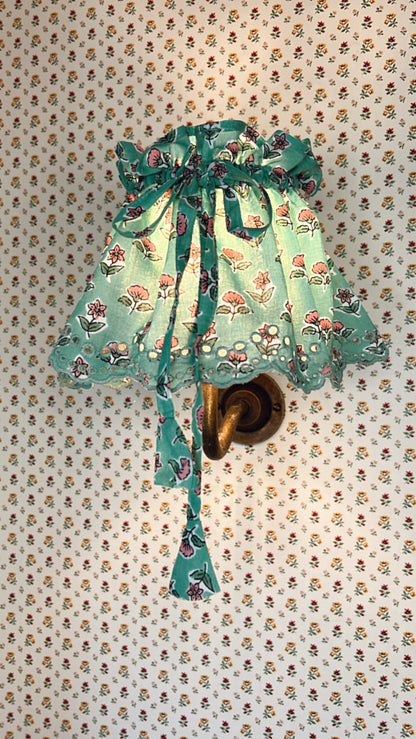 Jumbo Adjustable Broderie Trim Fabric Lampshade Cover - Jade Green & Pink Floral