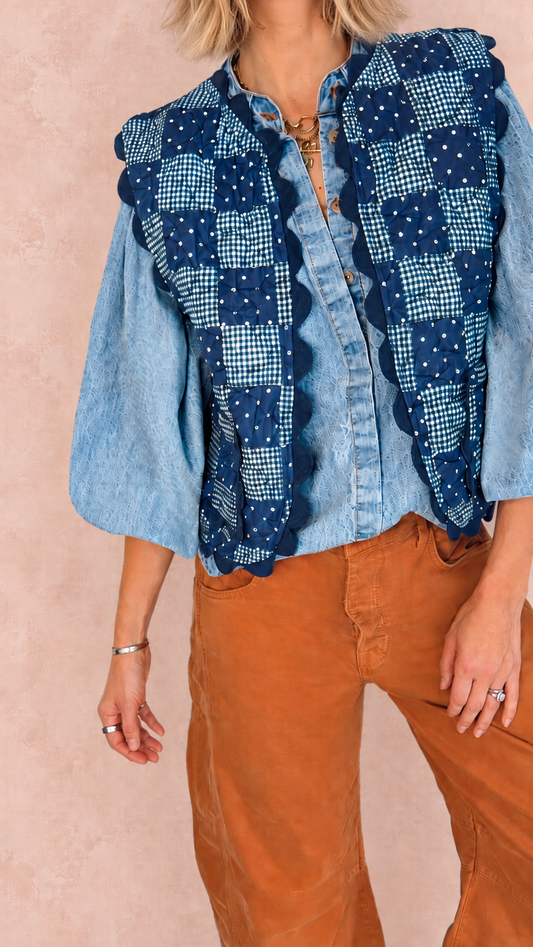 Clover Patchwork Ric Rac Cotton Quilted Gilet - Deep Indigo & Deep Teal