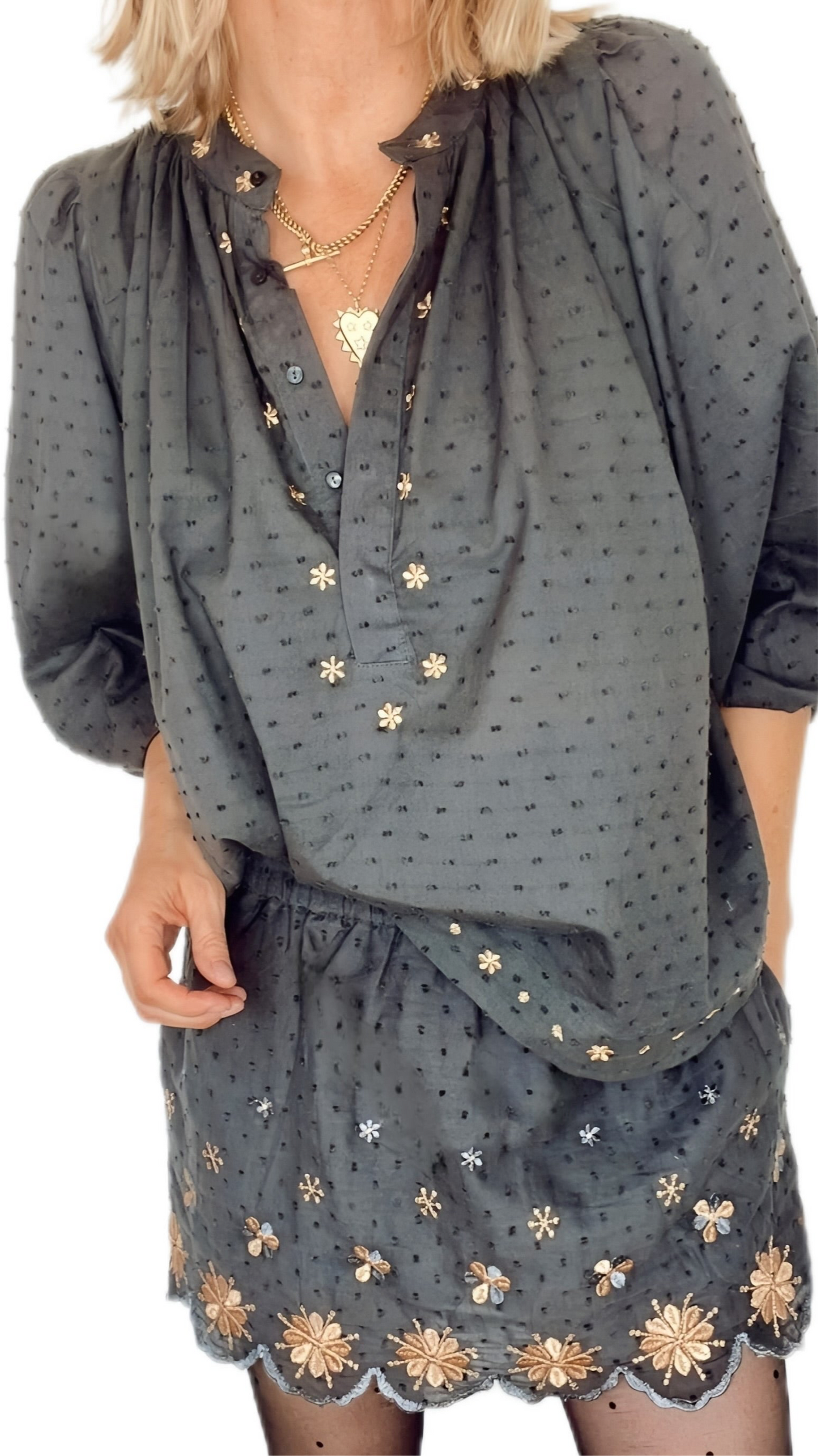 Shivani Cotton & Metallic Embroidered Mini - Washed Black