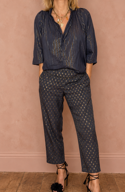 Nina Metallic Stripe Detachable Tie Neck Cotton Shirt - Midnight