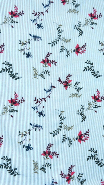 Sylvie Detachable Tie Neck Cotton Shirt- Denim Blue Fine Stripe Floral