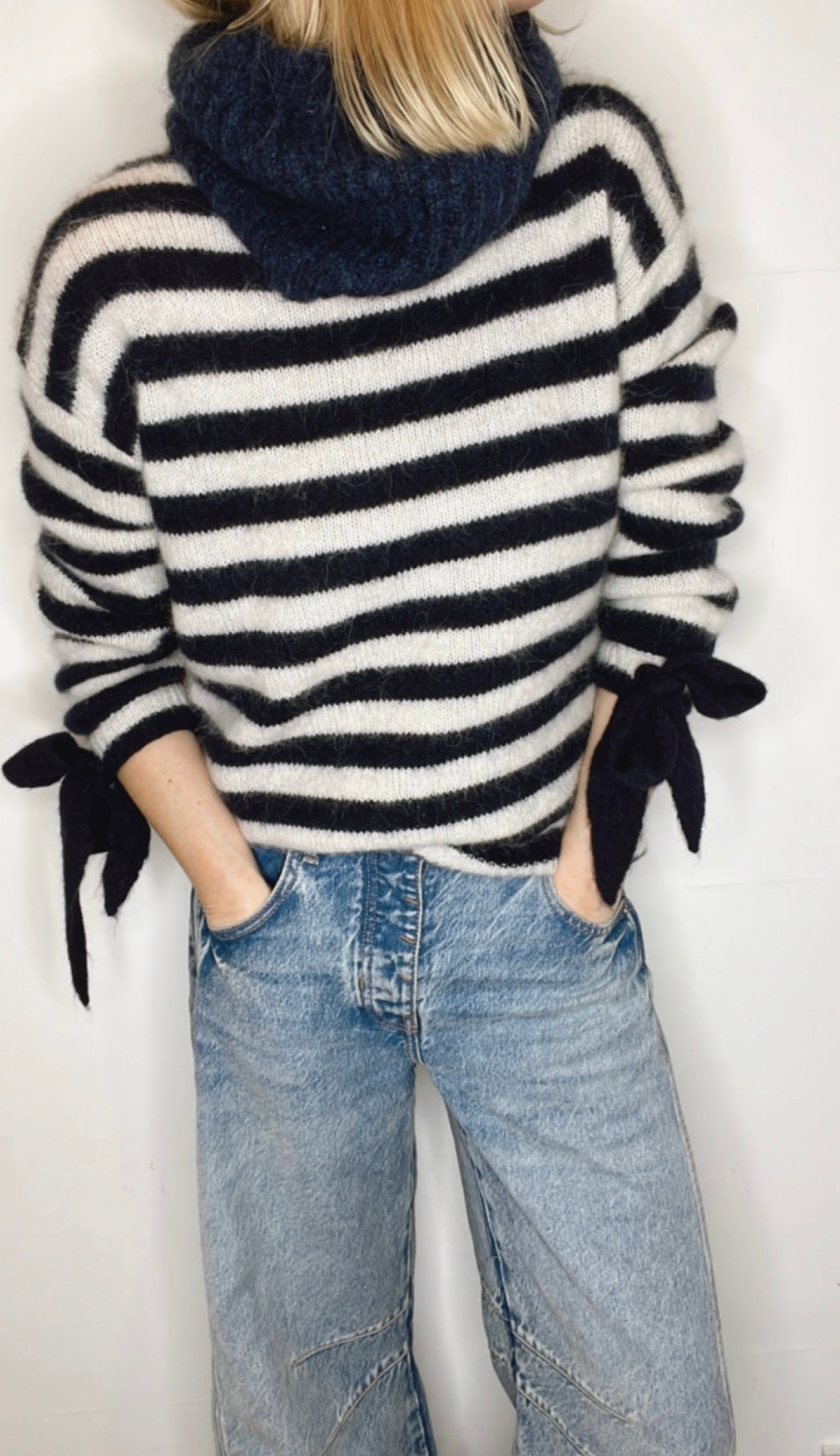 Interchangeable Bow Cuff Stripe Jumper - Dark Navy and Cream