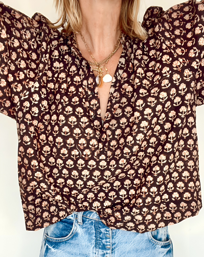 Belly Half Placket Cotton Pop-Over Top - Deep Bitter Chocolate