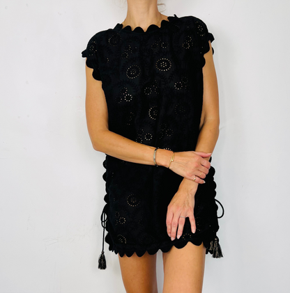 Ric Rac Tie Side Cotton Broderie Beach Cover-Up - Noir