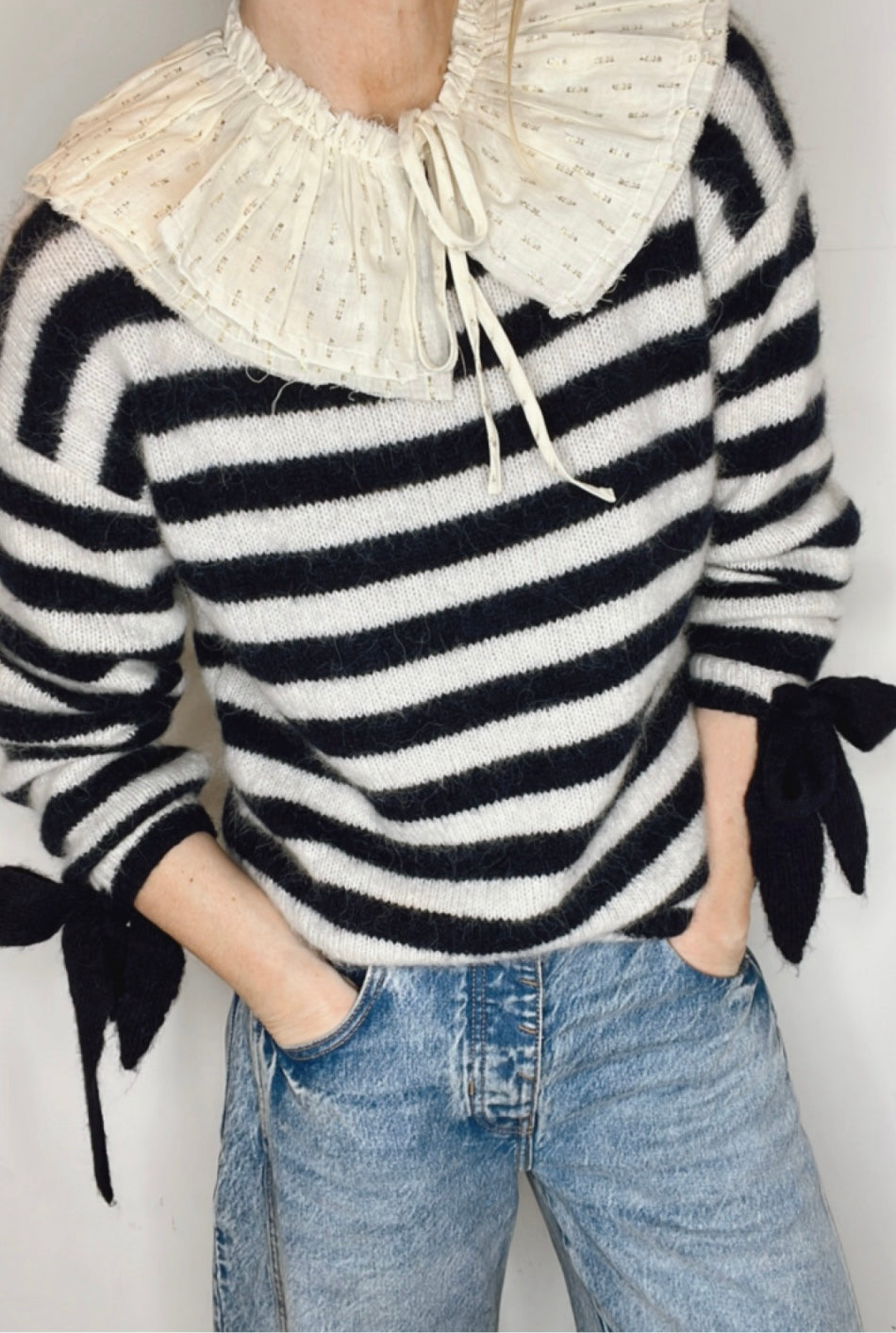 Interchangeable Bow Cuff Stripe Jumper - Dark Navy and Cream