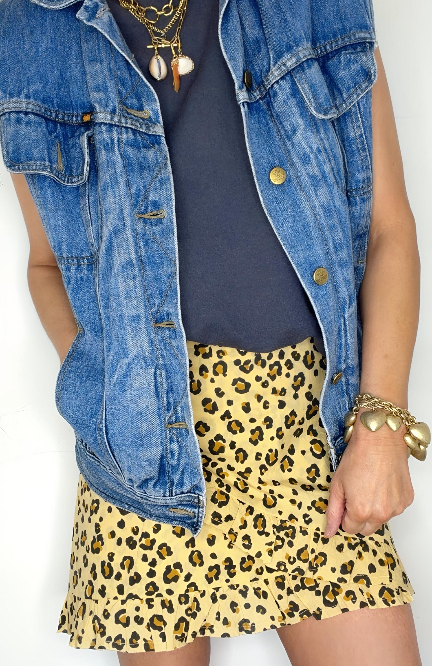 Frilly Edge Small Animal Print Organic Cotton Wrap Mini Skirt - Sand