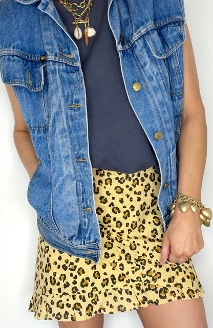 Frilly Edge Small Animal Print Organic Cotton Wrap Mini Skirt - Sand