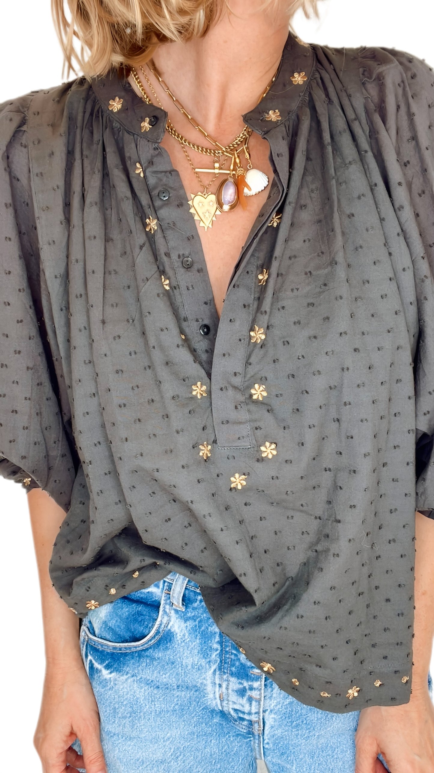 Shivani Half Placket Cotton Pop-Over Top - Washed Black