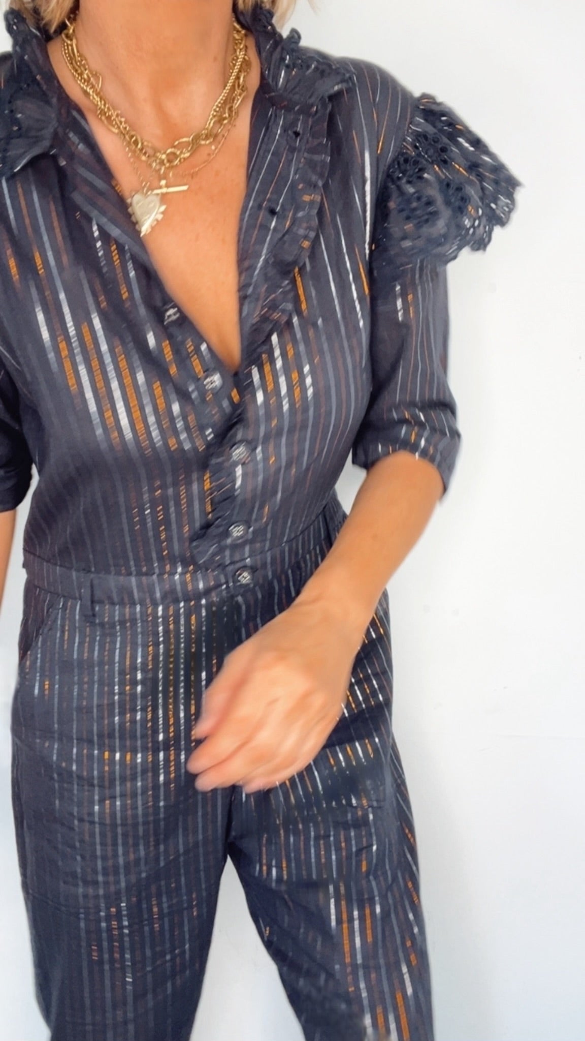 Millie Metallic Stripe Cotton Jumpsuit - Midnight Blue