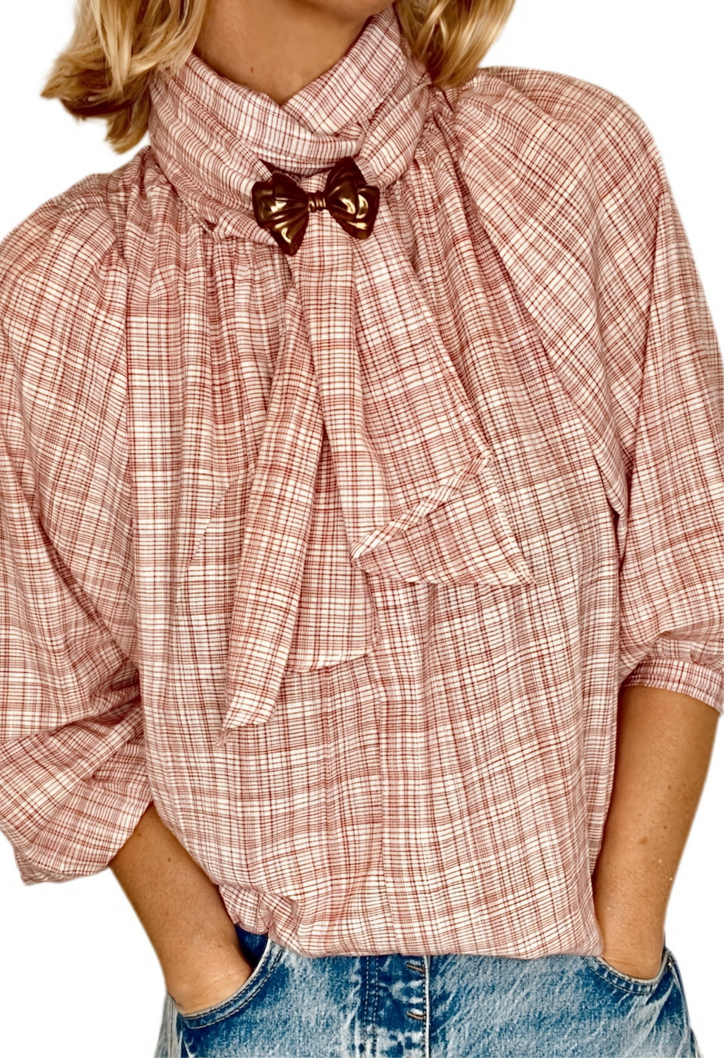 Cheska Check Detachable Tie Neck Cotton Shirt - Rosewood