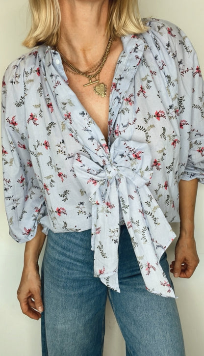 Sylvie Detachable Tie Neck Cotton Shirt- Denim Blue Fine Stripe Floral