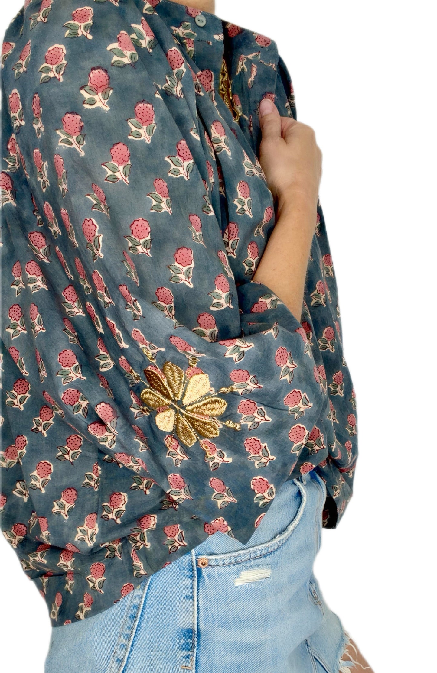 Tabby Half Placket Organic Cotton Pop-Over Top - Washed Teal Print