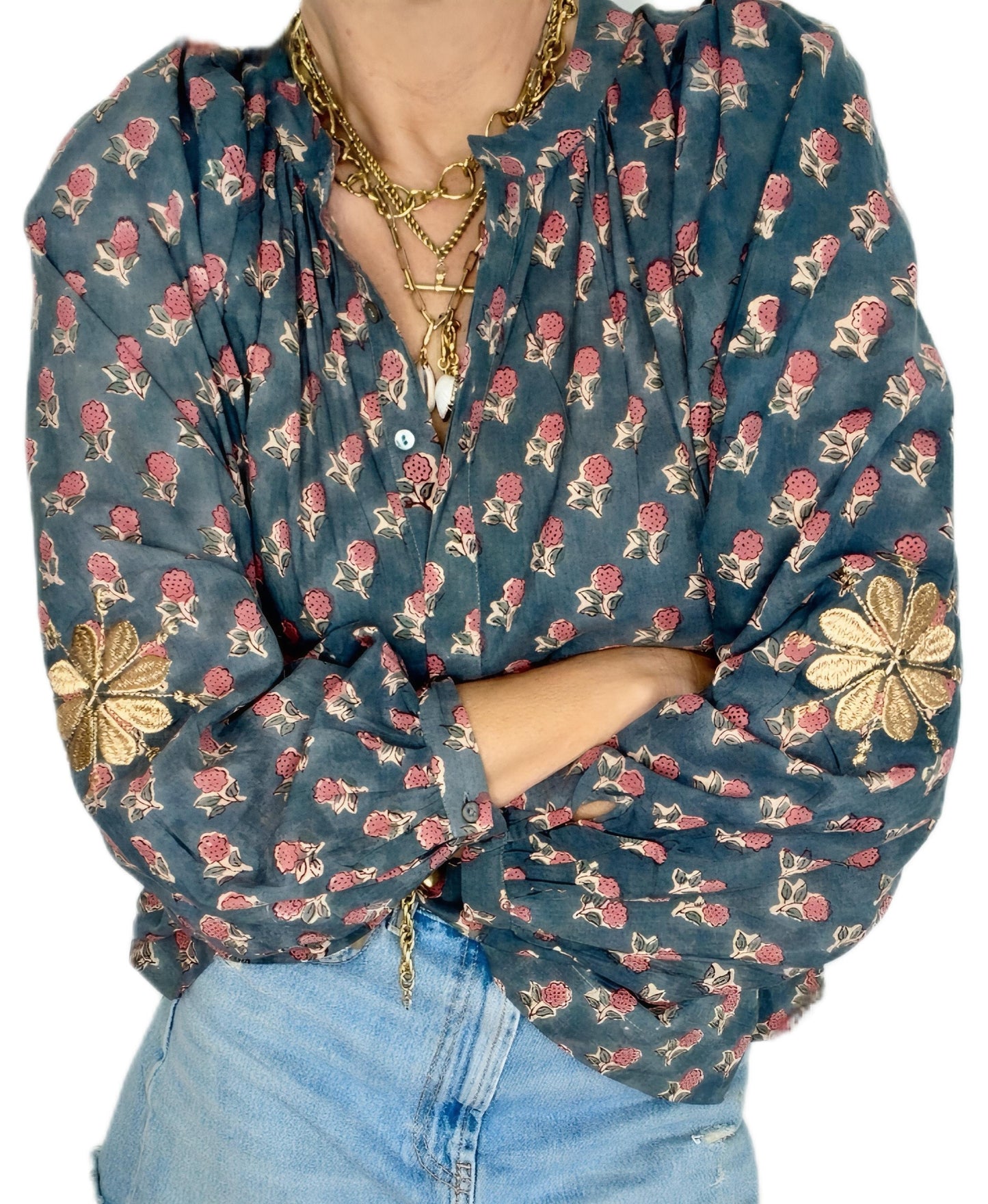 Tabby Half Placket Organic Cotton Pop-Over Top - Washed Teal Print