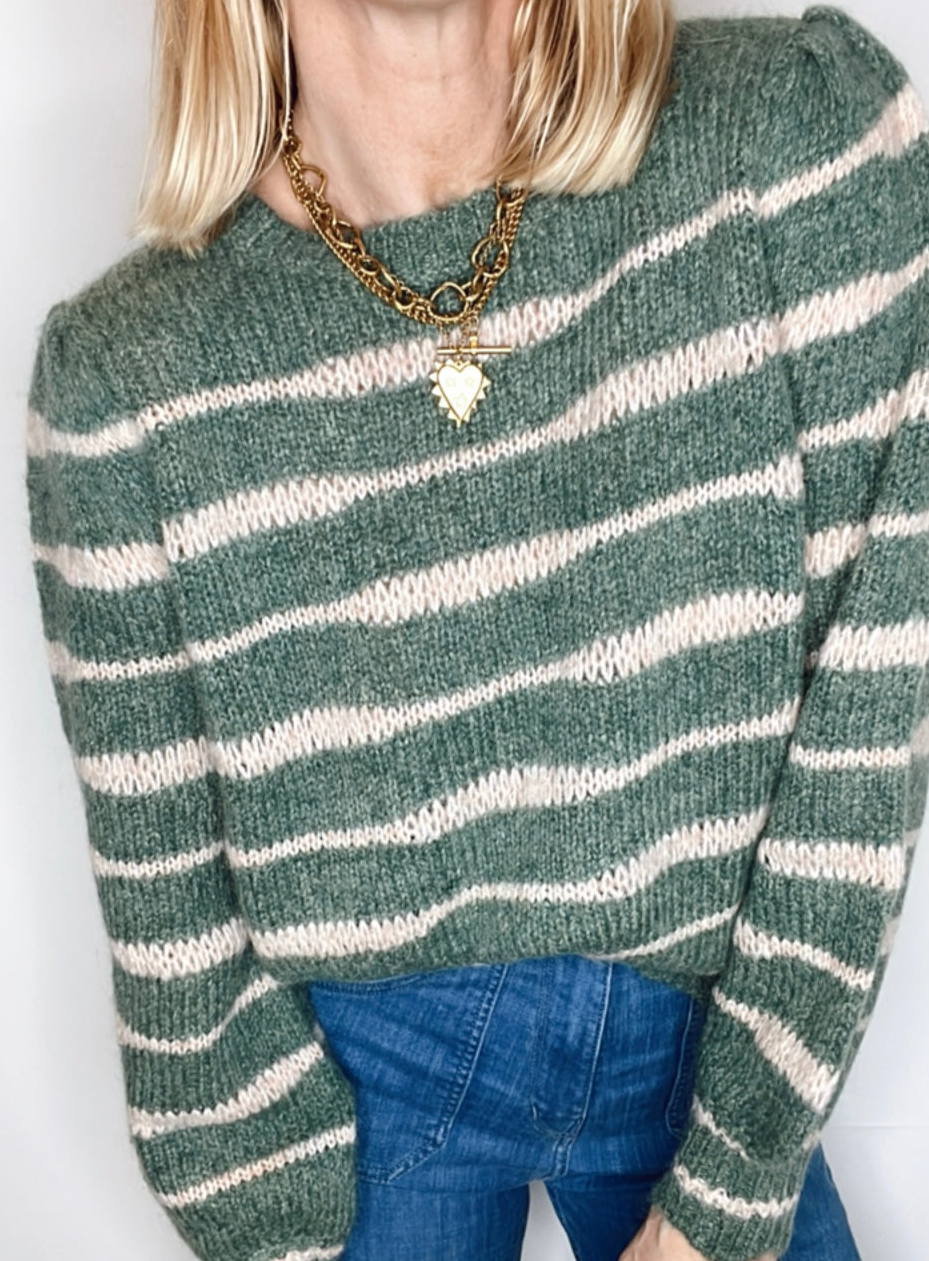 Irregular Stripe Chunky Knit Jumper - Forest Green & Blossom
